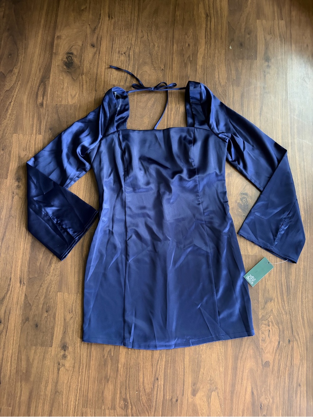 Navy Satin Square-Neck Mini Dress